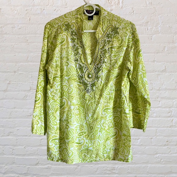 Peck & Peck Tops - GORGEOUS EMBELLISHED PAISLEY DEEP PLUNGE V NECK 3/4 SLEEVE BLOUSE